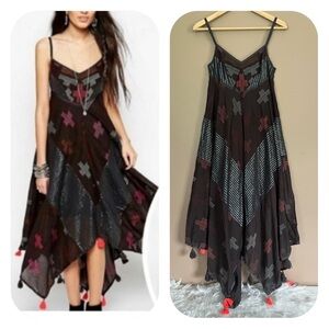 {Free People} Crossing Paths Embroidered Handkerchief Hem Dress with Tassels